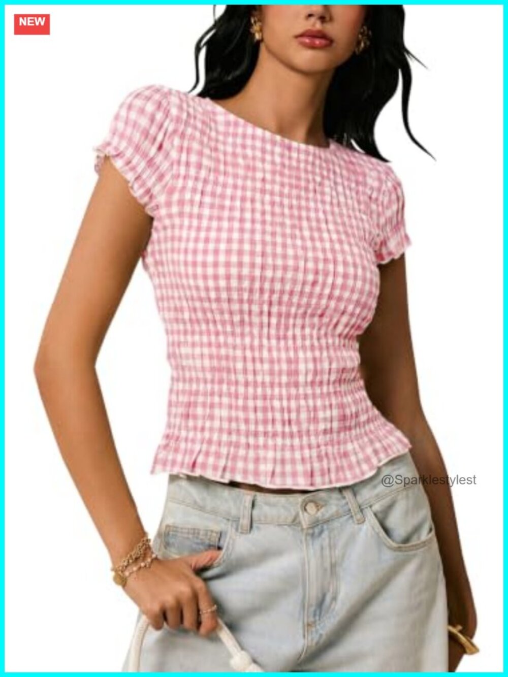 Womens Smocked Gingham Short Sleeve Ruffle Hem Summer Blouse Top